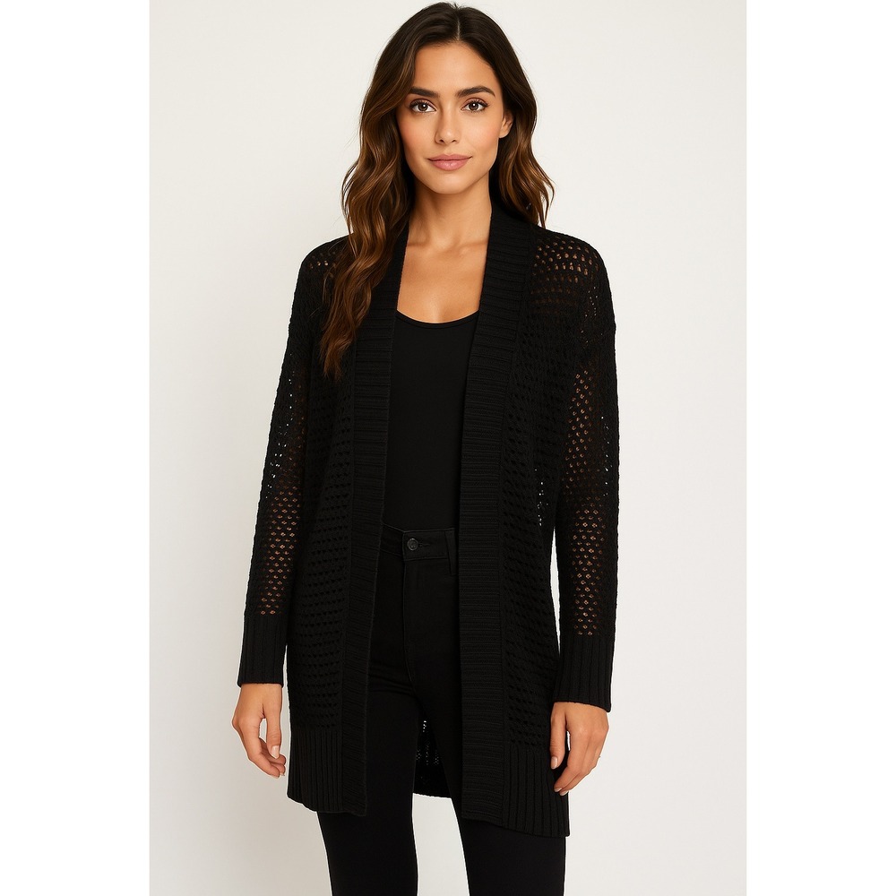 Calvin Klein Cardigan Womens‎ XS Black Linen Open Knit Layering Lounge Sweater